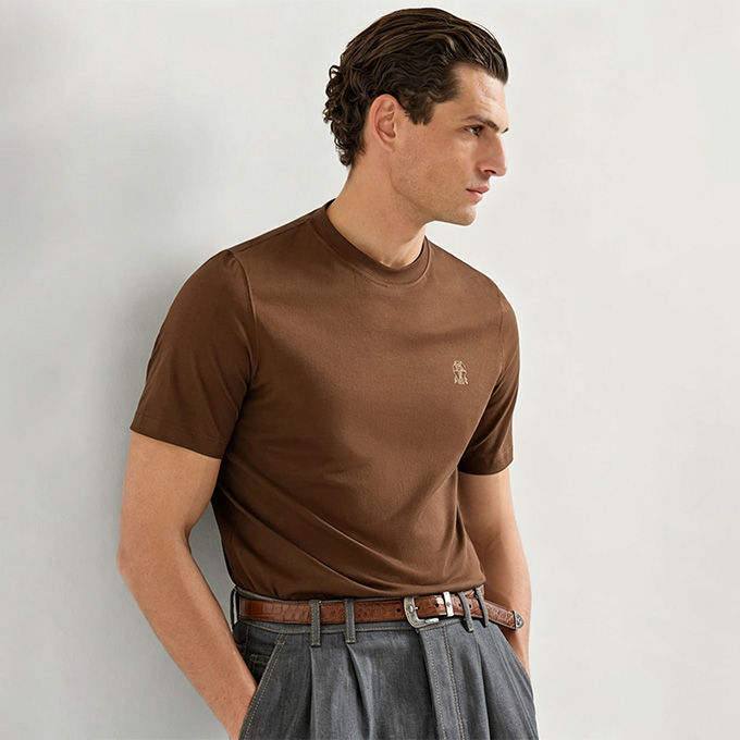 brunello cucinelli plain knit embroidered logo crew neck short sleeve cotton t-shirt